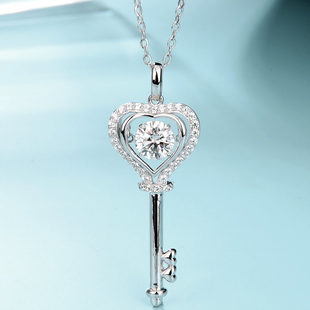 Crown Key Pendant with Dancing Moissanite Diamond